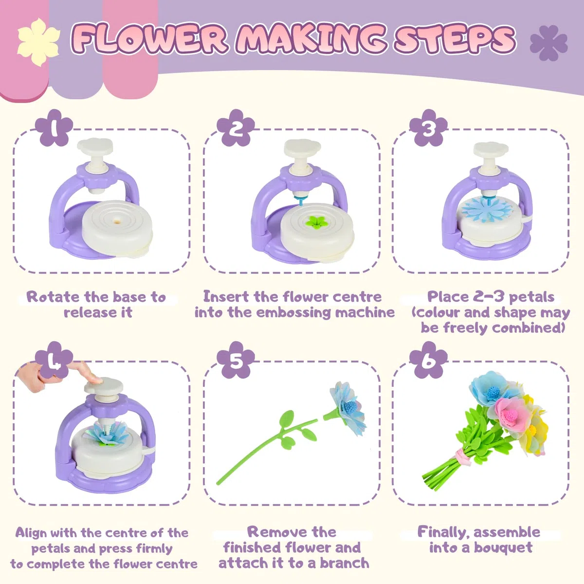 HERMORRYSS Kit di Fiori Creativo per Bambini, Il Laboratorio dei Fiori, DIY Kit Composizione Bouquet, Set Creativo per Mazzi di Fioris con Pressa, Regalo Giocattoli Creativo per Bambina 4+ (Viola)