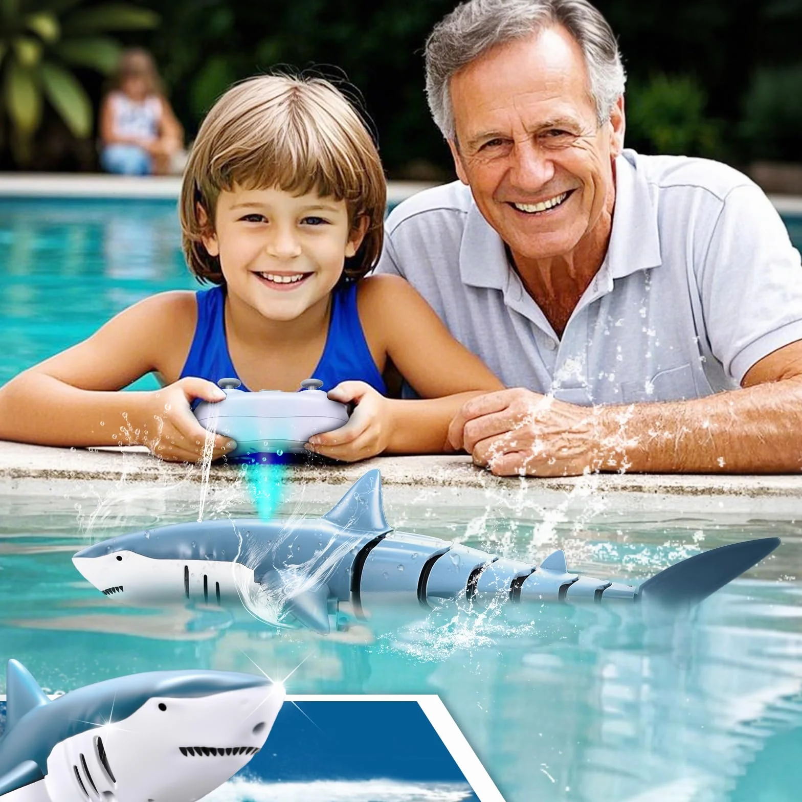 YOOHBERRYS Squalo Telecomandato, 2.4GHz Squalo Giocattolo, Barca Squalo RC con Luci e Getti d'acqua, Giocattolo da Piscina Regalo per 6+ Anni Ragazzo Ragazza (Illuminazione e Spruzzatura dell'acqua)