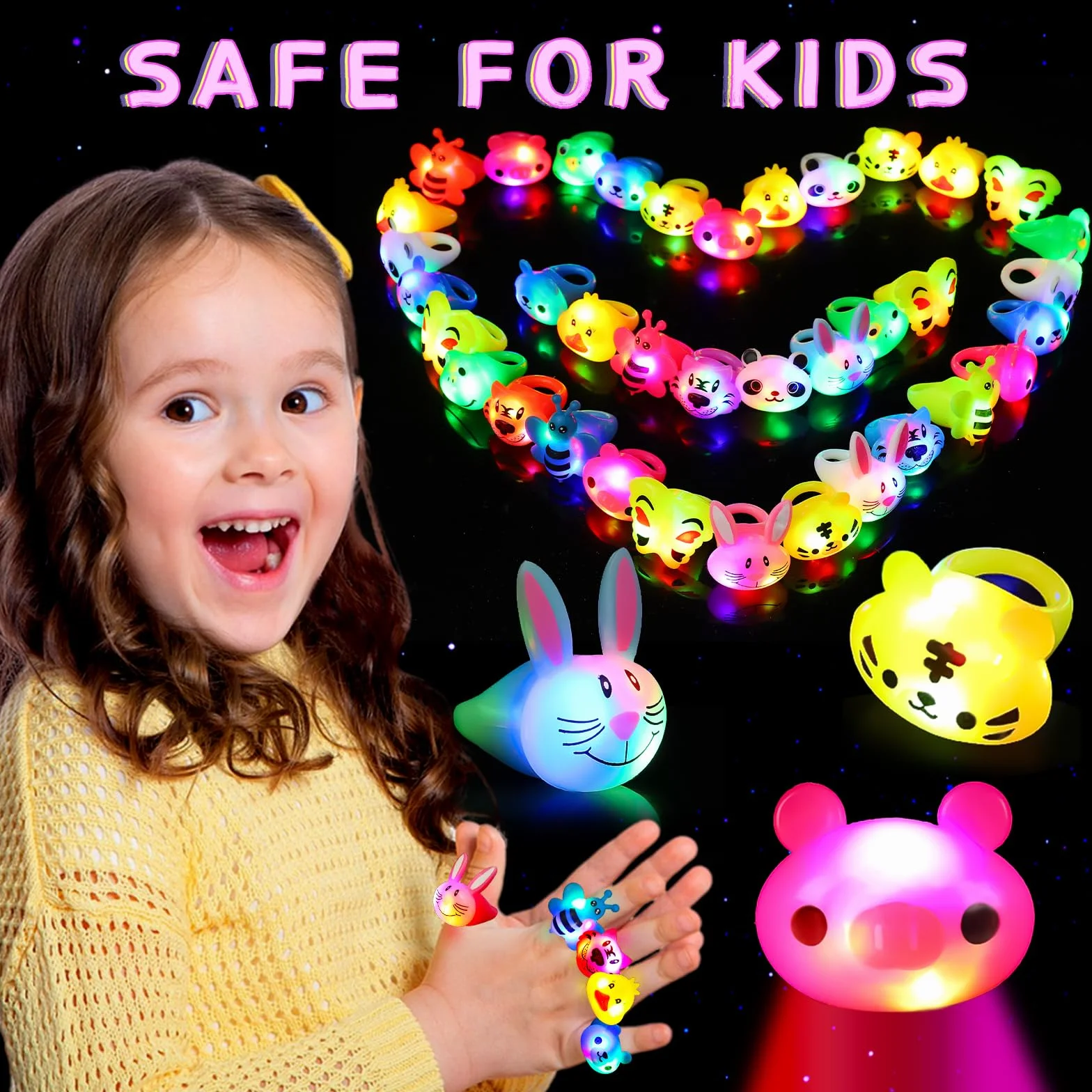 SCIONE 40 pezzi Anelli luminosi a LED Riempitivi lampeggianti per bambini Animale carino Light Up Giocattoli per ragazzi ragazze Premi in classe Bomboniere per feste