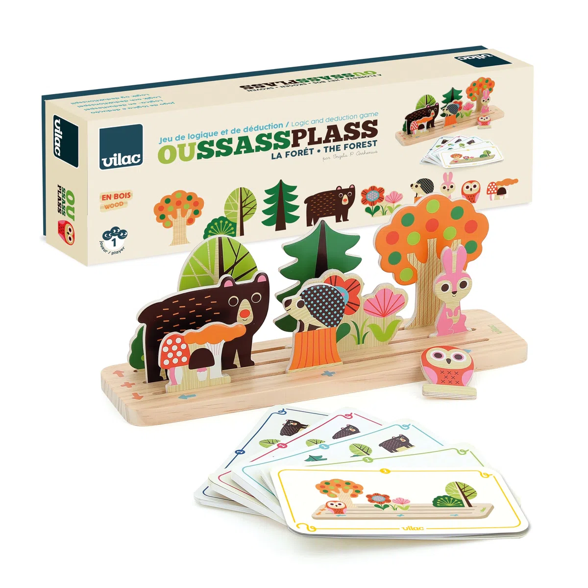 VILAC - Oussassplass La foresta - Ingela P.Arrhenius - 9 pezzi in legno + 60 carte da gioco con livelli di difficoltà evolutivi - Giochi di risveglio per bambini in legno - dai 3 anni - 7634