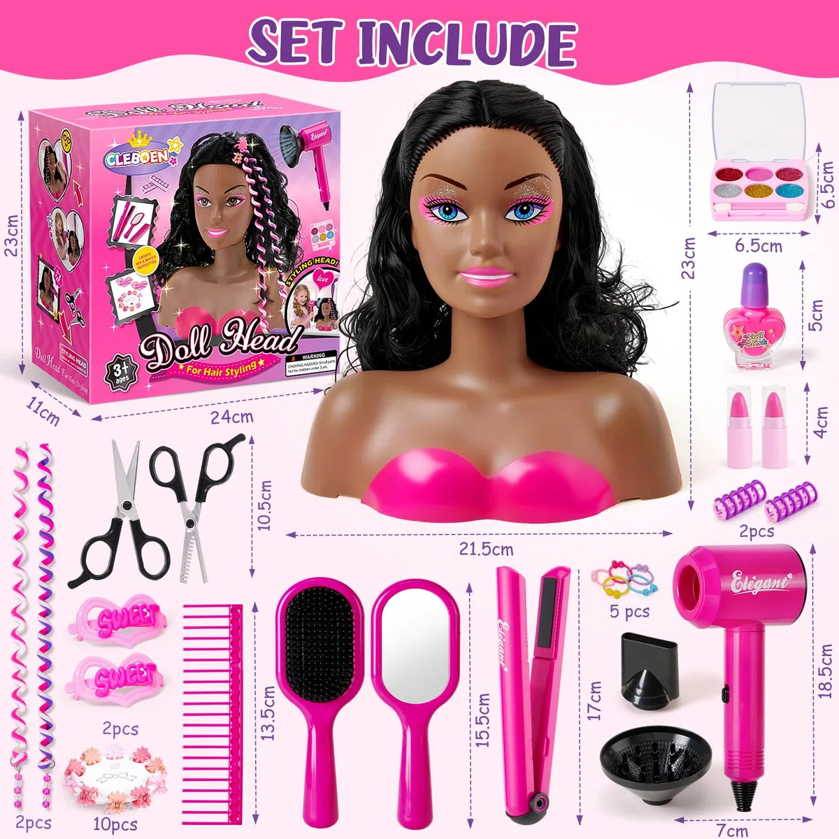 Tacobear Testa Bambola da Truccare e Pettinare con Smalto Unghie Trucchi Asciugacapelli Giocattolo Piastra Accessori per Capelli Set Parrucchiera Giochi Bambina Regalo 3 4 5 6 7 8 Anni