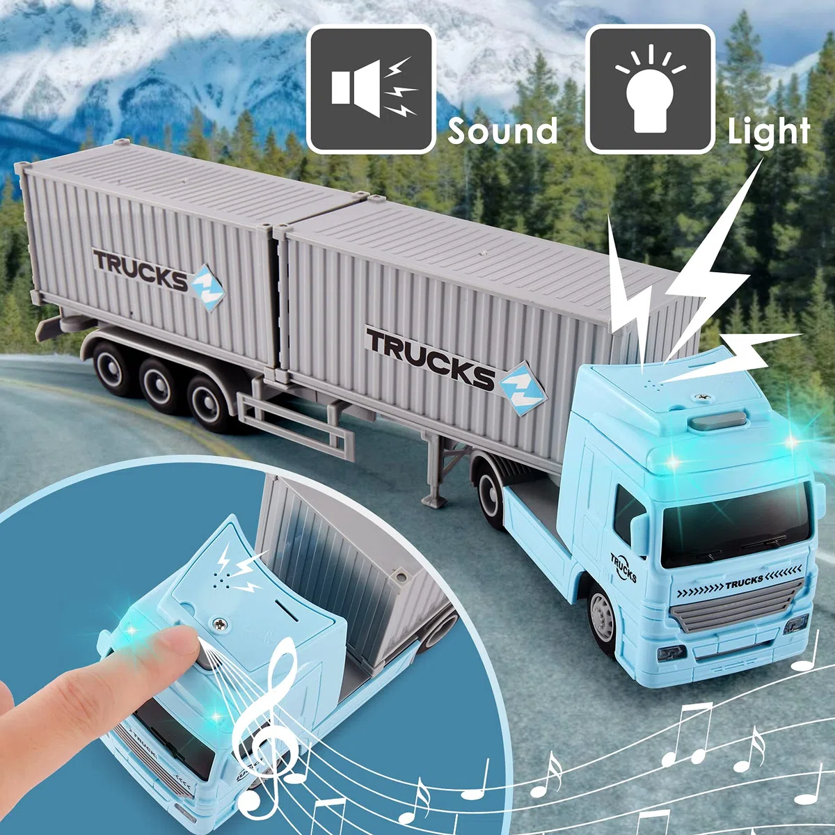 HERSITY Autoarticolato Giocattolo Container Truck con Luci e Suoni Macchinine Bambino Regalo per Bambini 3 4 5 Anni