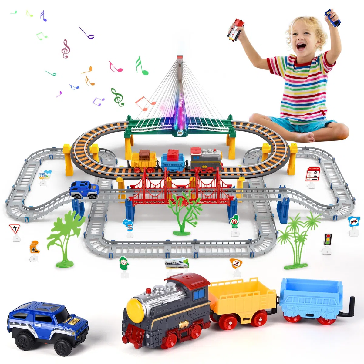JONRRYIN Piste Macchinine per Bambini, 140Pezzi Trenino Elettrico con Pista da Corsa, Costruzione di Circuiti da Corsa con Auto e Treno Giocattolo, Giocattolo Educativo Regalo Bambino (140Pezzi)
