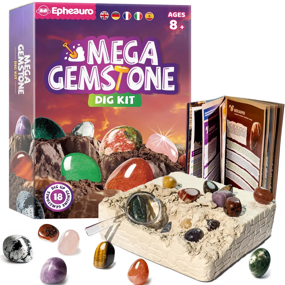 Mega Kit di Scavo di Gemme per Bambini – 18 Cristalli, Minerali e Rocce Reali per Bambini da 8 Anni in su