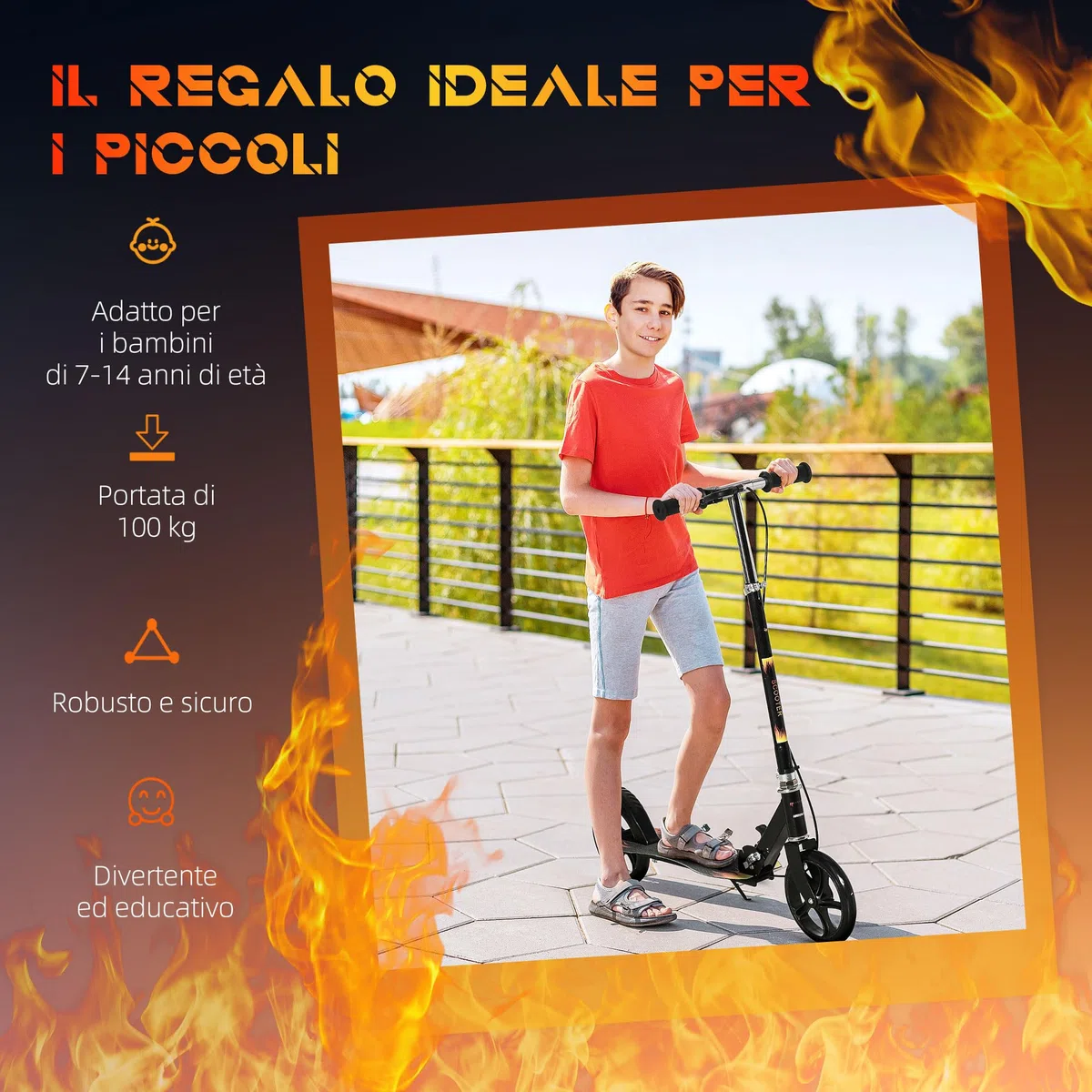 HOMCOM Monopattino per Bambini 7-14 Anni Pieghevole, in Plastica, PU e Metallo con Ruote Ampie e Manubrio Regolabile su 3 Altezze, 86x35x93/98/103 cm, Nero