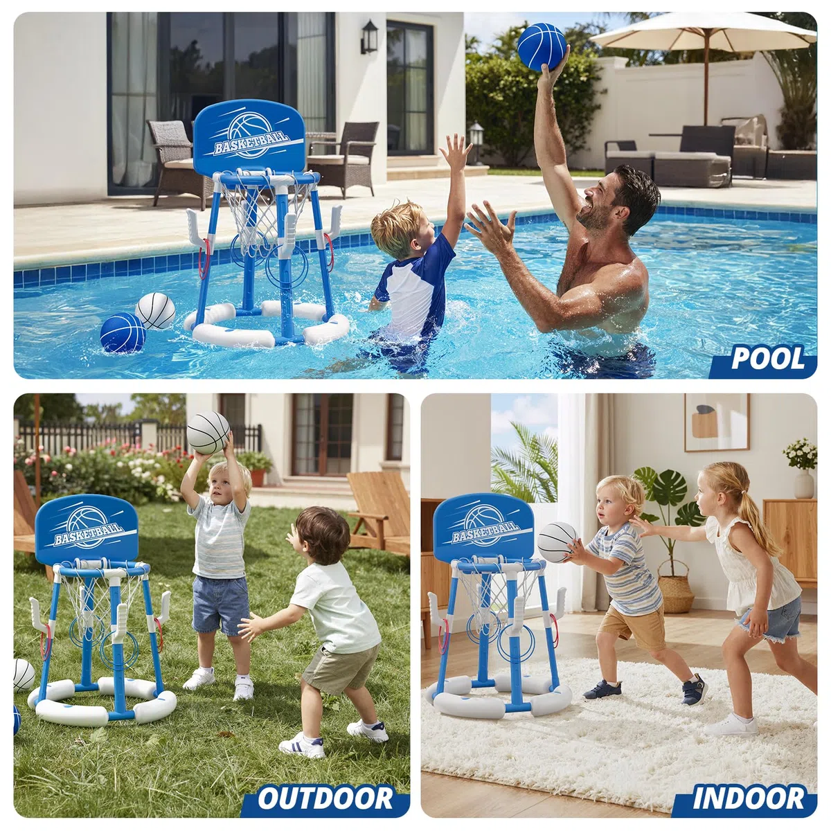 HYES Canestro da Basket per Piscina, Canestro Piscina Galleggiante con 4 Palline e Pompa, 8 Anelli, Set da Canestro Basket Giochi Acqua Piscina per Bambini e Adulti, Blu