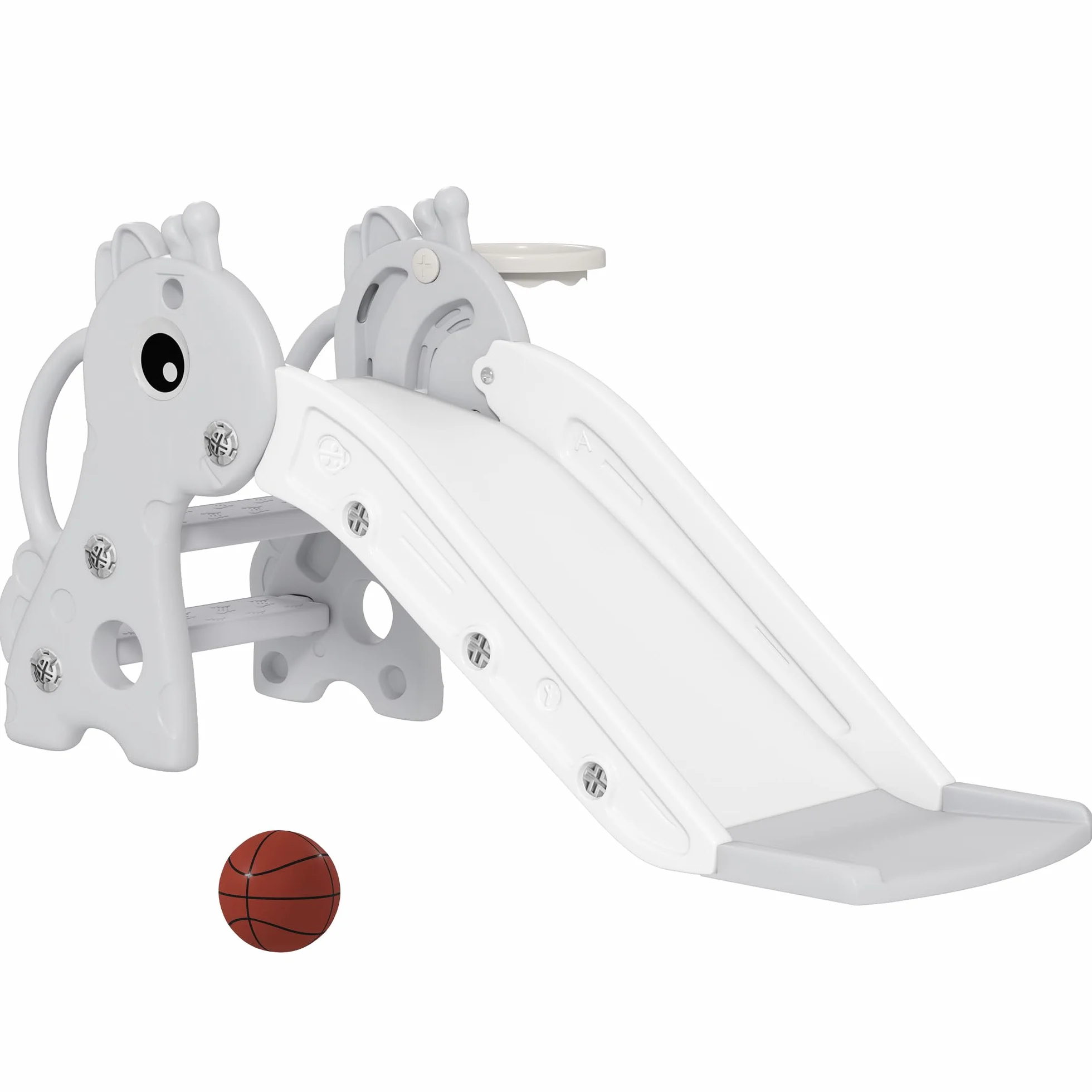 AIYAPLAY Scivolo per bambini 3 in 1 a forma di giraffa con canestro da basket, arrampicata e pallone, scivolo interno per bambini da 1 a 3 anni, 106 x 51,5 x 52 cm, grigio