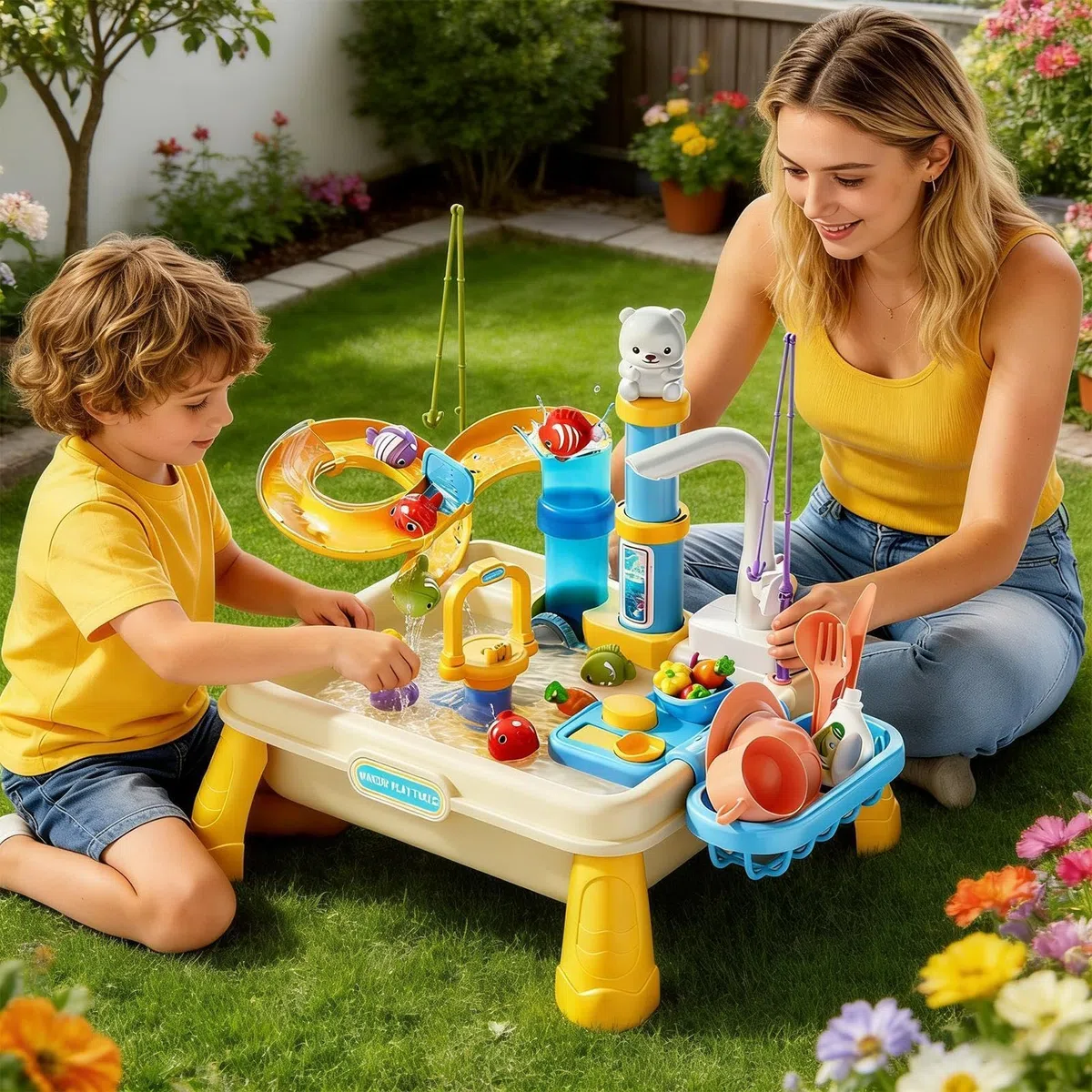 Generico Tavolo 'Acqua | Gioco Sensoriale da Esterno con Pompa Integrata,Tavolo Acqua per attività,per Bambini e Bambine 4-8 Anni Scuola 'Infanzia Giardino Spiaggia Aula all'Aperto