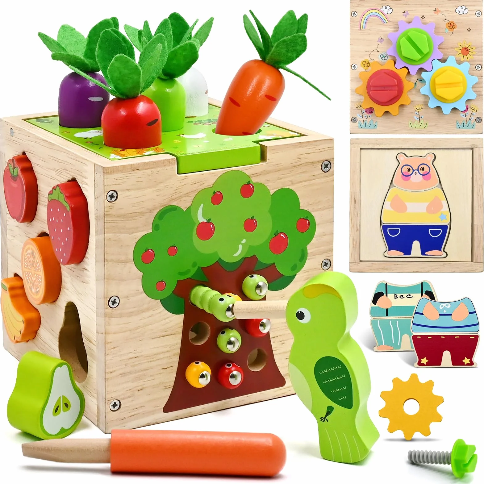 AiTuiTui Giochi Legno Bambini 1 2 3 Anni, 5 in 1 Montessori Cubo di Abilità Motorie, Multiattività per Regalo di Pasqua Educativo 18 Mesi Interattivo Selezionatore di Forme