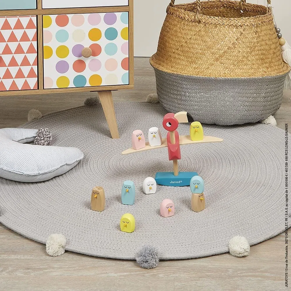 Janod - Gioco di Equilibrio Fenicottero Rosa Zigolos (Legno), Gioco di manipolazione, trattato con Vernici ad Acqua, per Bambini dai 3 Anni in su, J08230, Multicolore
