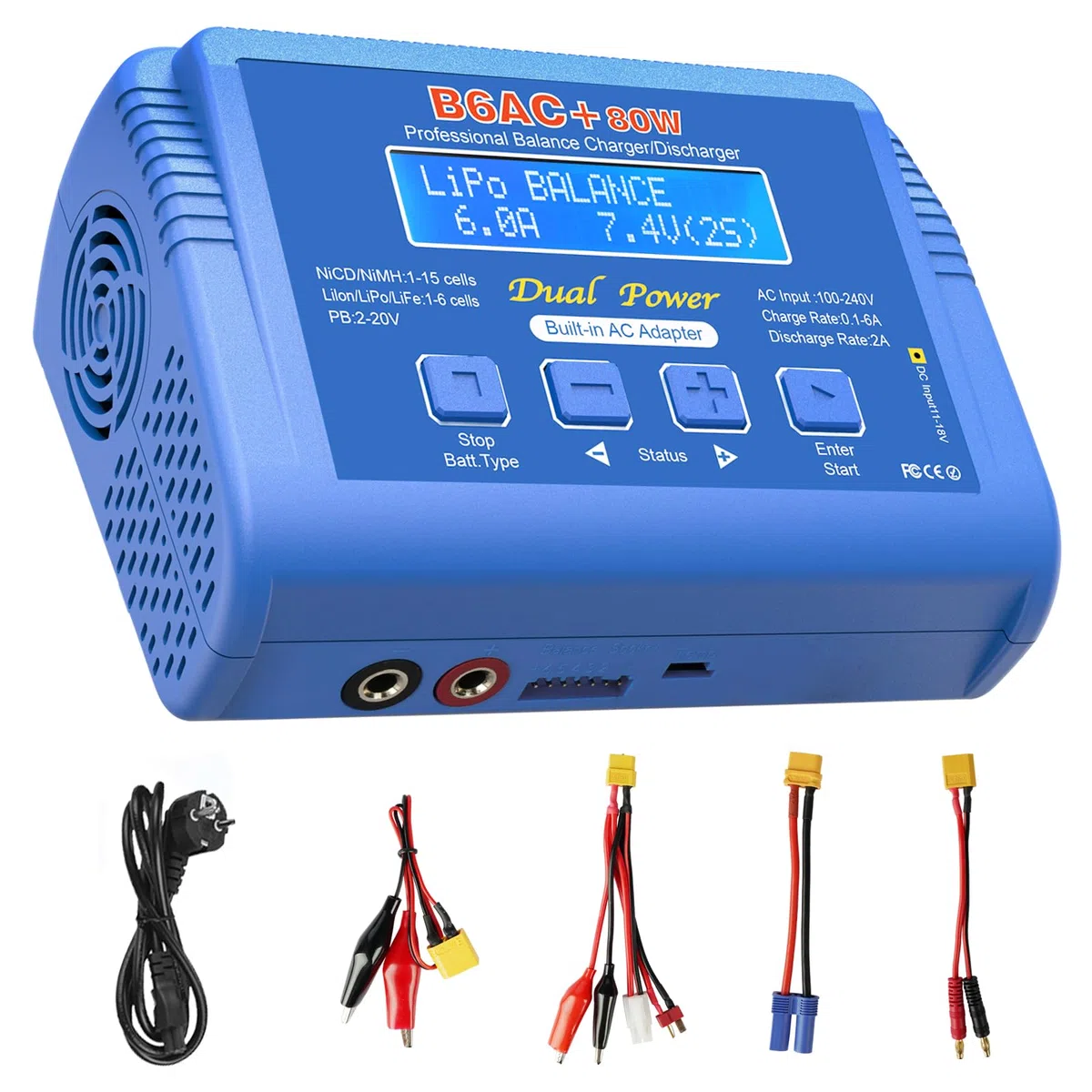 Lipo - Caricatore RC 80W 6A per LiPo/Li-Ion/Life/LiHV (1-6S), NiMH/NiCd(1-15S), PB (2-20V), caricabatterie RC Balance con XT60/T Plug/Tamiya/EC5/Cocodrilo Clip