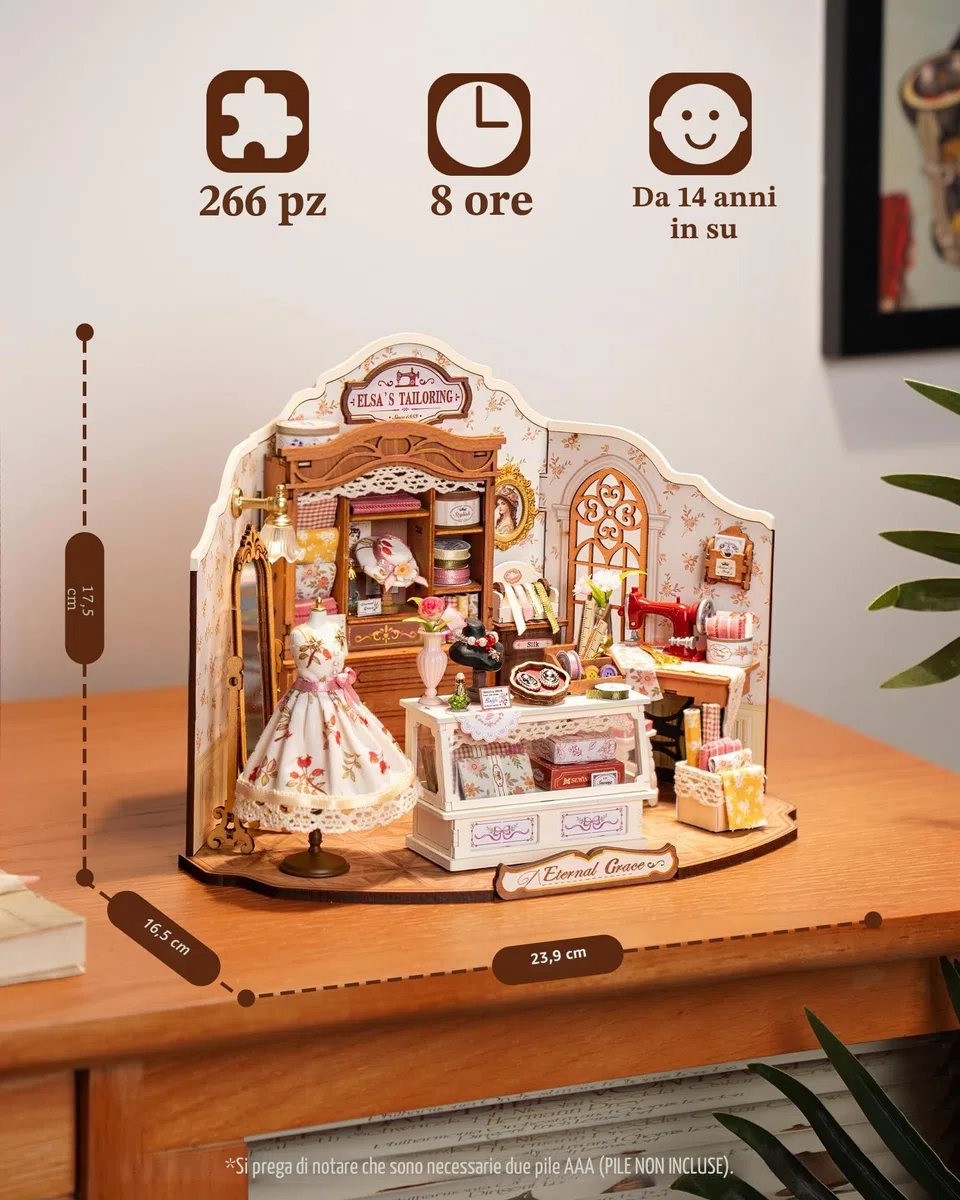 ROBOTIME Kit Casa delle Bambole in Miniatura Elsa's Tailoring, Kit di Costruzione in Legno con Luci LED, Miniature da Costruire per Adulti, Decorazione per la Casa, Regalo per Donne e Ragazze
