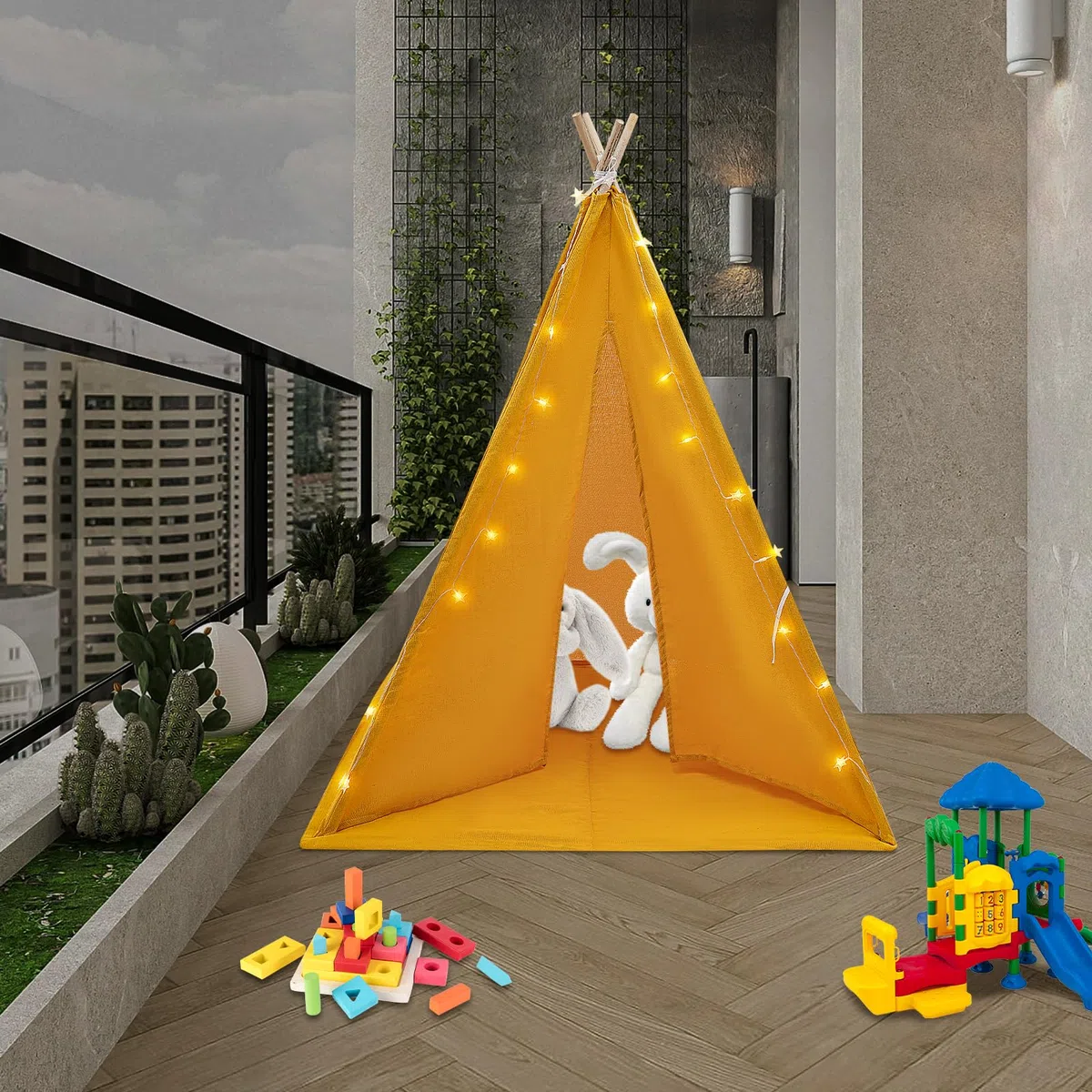 Tenda per bambini, capanna per interni per bambini, tenda Tipi ragazza ragazzo, cotone lino, tappeto imbottito, fissatori, ghirlanda luminosa, angolo lettura e gioco, decorazione per compleanno