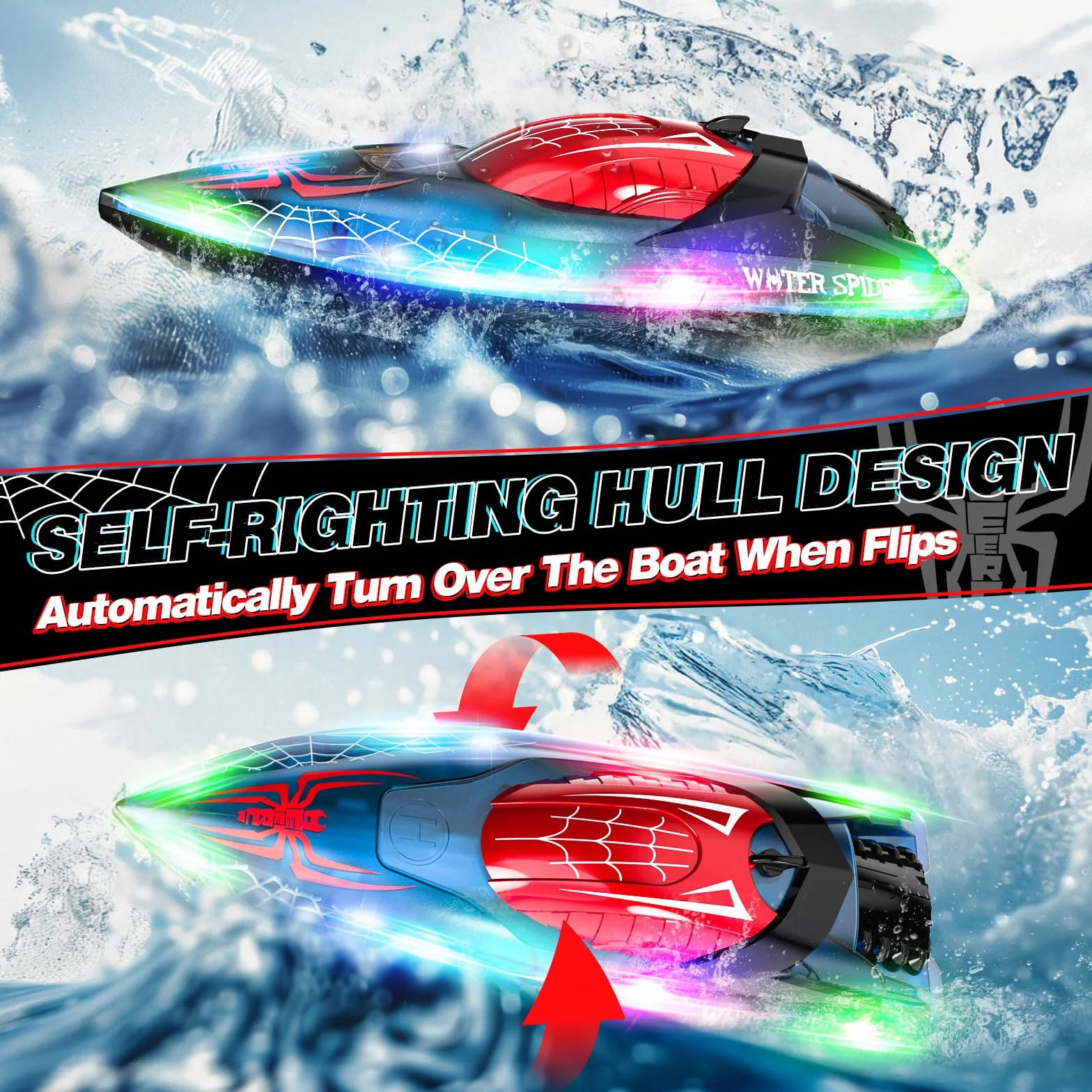 DEERC Spider Barca telecomandata con luce LED per bambini, Barca RC completamente proporzionale da 2,4 GHz per piscine e laghi, Durata batteria 80 minuti, Recupero capovolgimento