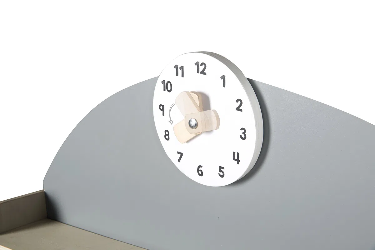 roba Negozio Giocattolo per Bambini in Legno - con Mensole e 3 Cassetti - Accessori Inclusi - Stand di Vendita a 2 Piani di Lavoro e Orologio - Legno Laccato Bianco/Grigio