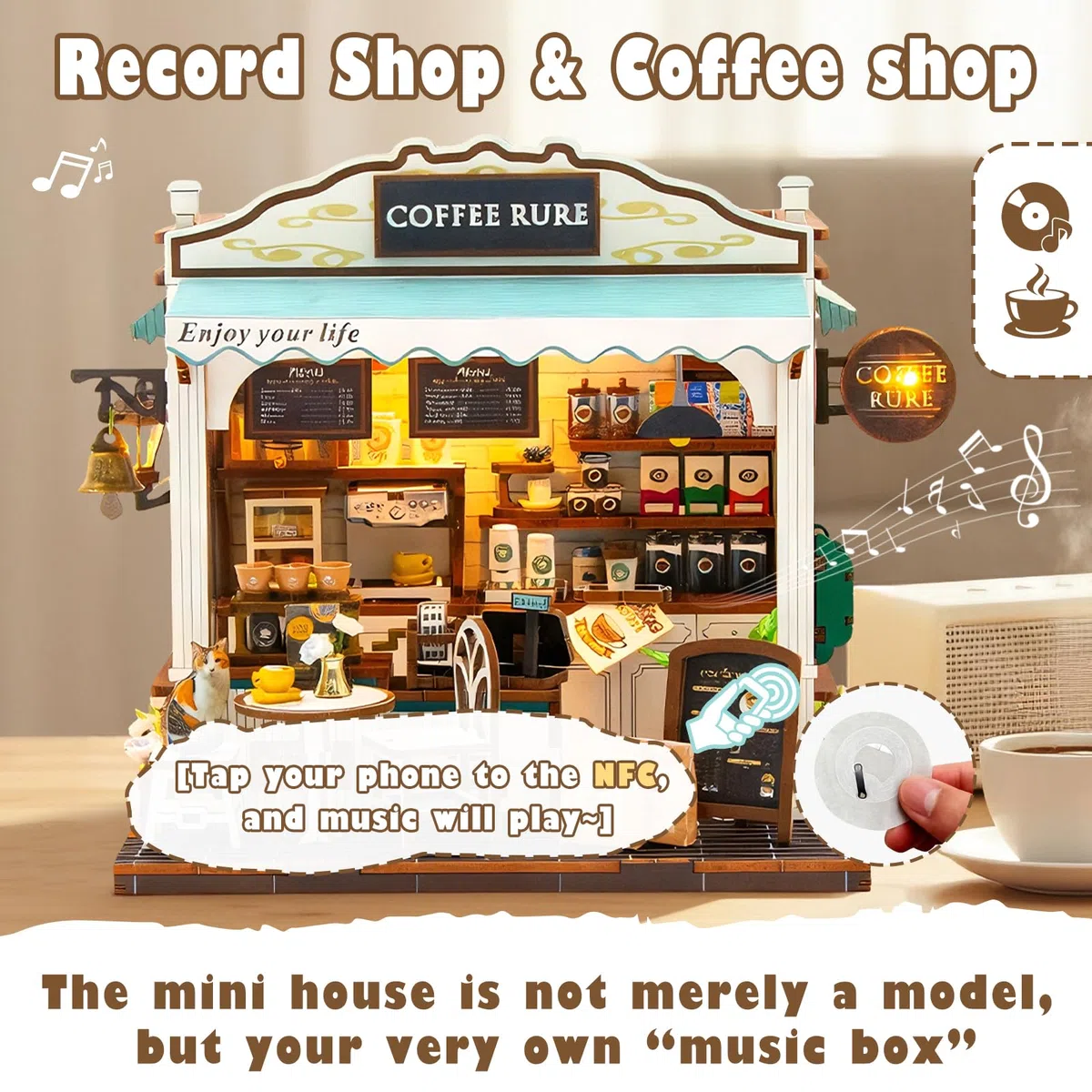 Cuteefun Casa delle Bambole in Miniatura con Luci LED, Kit Creativo Fai da Te, Oggetto Decorativo, per Adulti e Adolescenti, Idea Regalo per Natale e Compleanno (Caffè-Bar)
