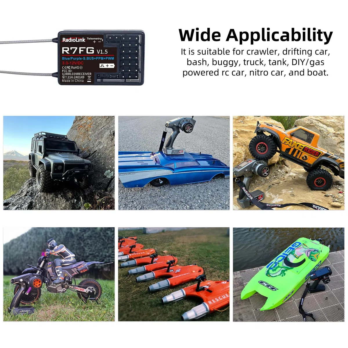Radiolink 2.4Ghz R7FG Ricevitore giroscopico a 7 canali con telemetria di tensione Controllo a lungo raggio, RC Crawler di controllo radio per barche per auto RC6GS V3/RC4GS V3/T8FB/T8S/RC8X/T16D/T12D