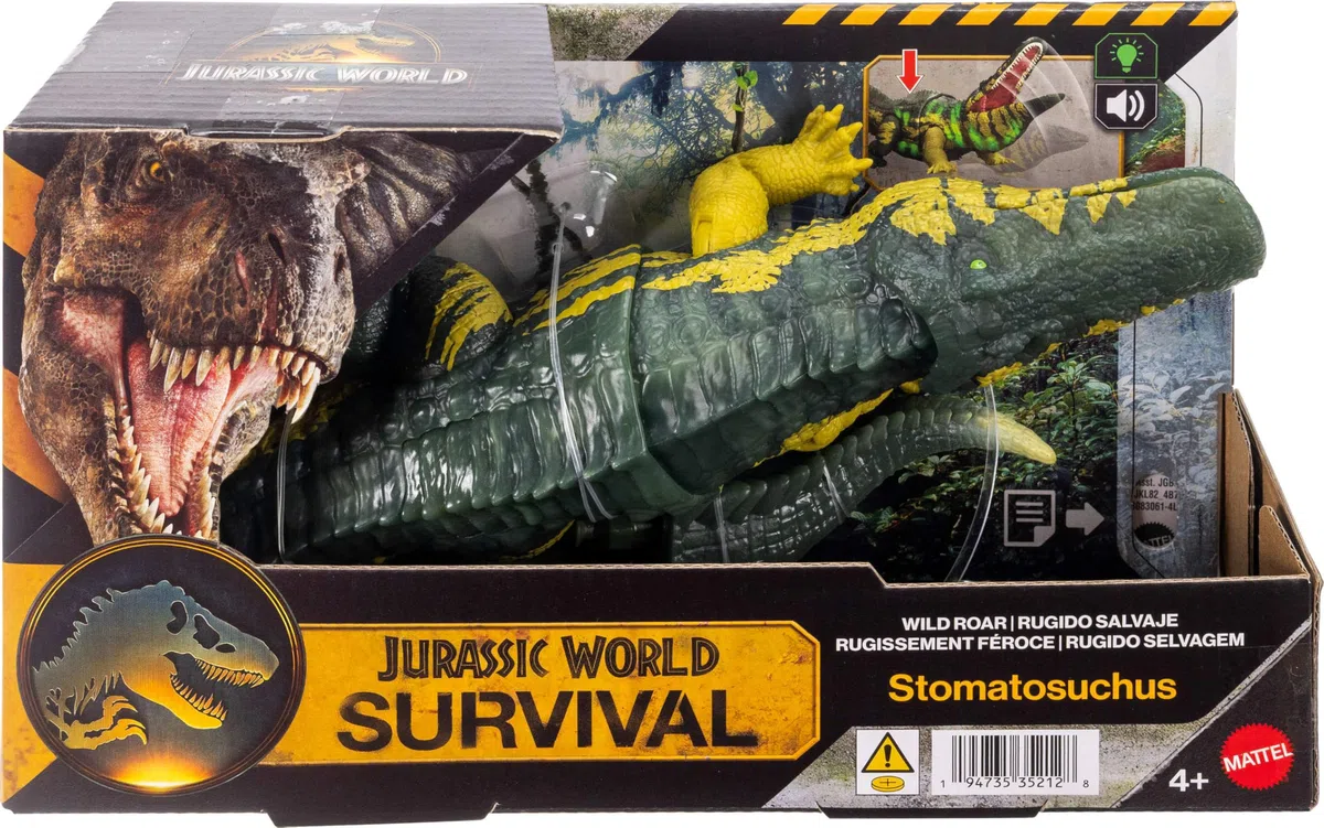 Mattel Jurassic World - Stomatosuchus Ruggito Selvaggio, dinosauro snodato con luci e suoni, premi il tasto e attiva ruggiti feroci e mosse d'attacco feroci, JKL82
