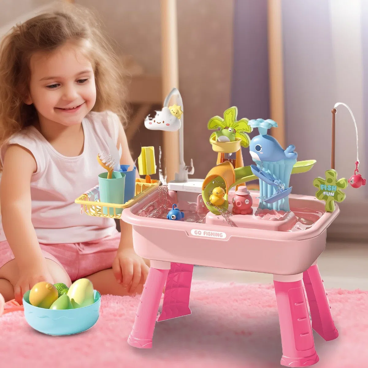 xMesa de Agua para Niños - 4 in 1 de fregadero eléctrico | Set de juego de simulación educativa | Las Aguas al AIRE juegan Niños y Niñas | Mesa de actividades de Agua amigable para Los v