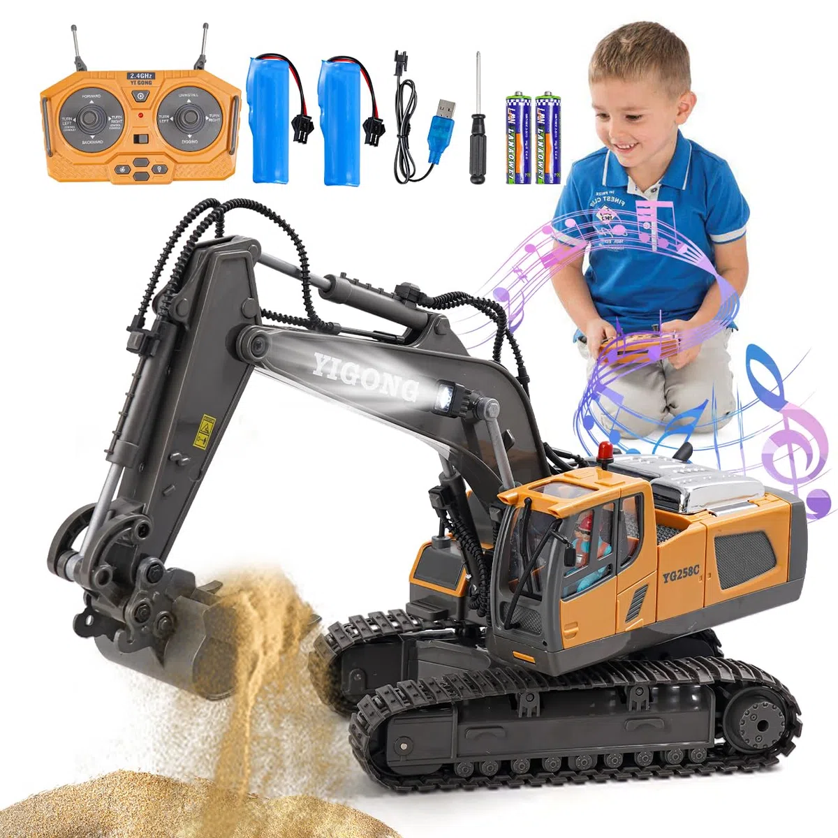 Giocattoli per bambini a distanza,Ricaricabile RC Pellatrice con pala in metallo,Veicoli da costruzione,Escavatore Rotazione 680,Giocattolo Digger per 100Mins/Suoni/Luce