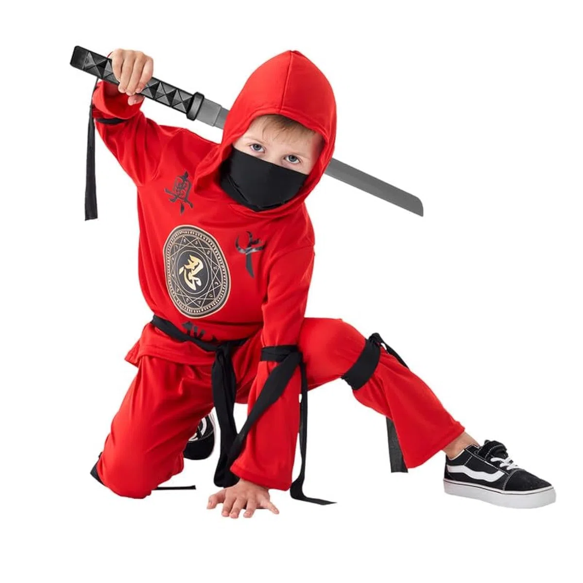 Costume da ninja rosso con cappuccio, pantaloni, nastri e spada giocattolo per bambini, festa cosplay di Halloween