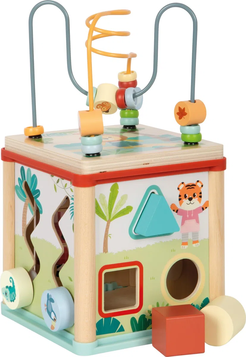 Small Foot Dado motricità Jungle Friends in Legno FSC® 100% Certificato, Dado Activity salvaspazio con 5 superfici di Gioco, Gioco didattico per Bambini da 1 Anno, 12765