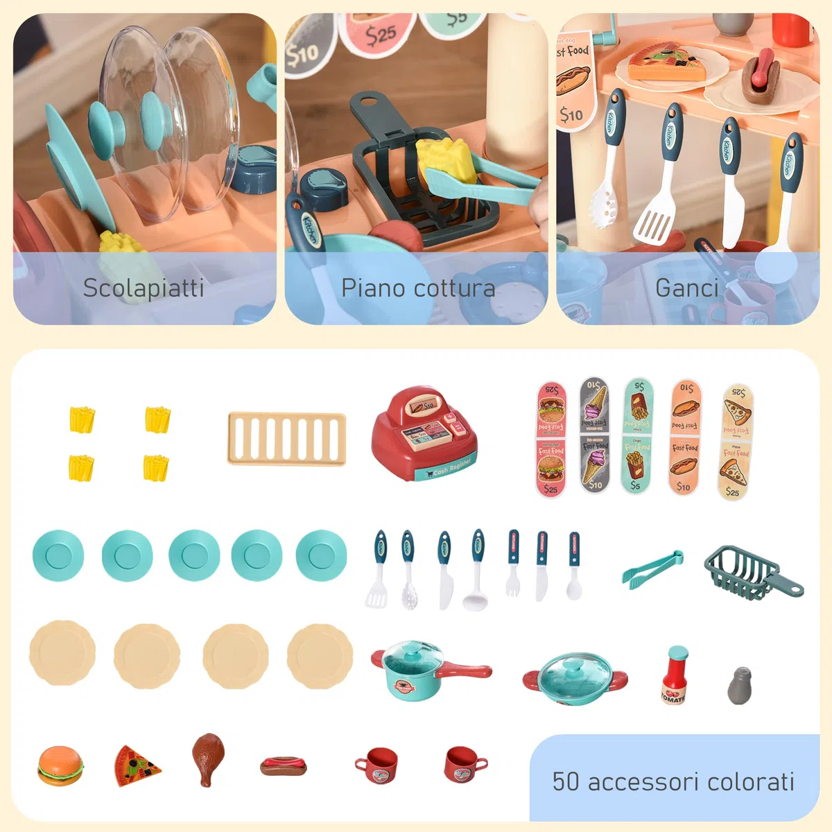 HOMCOM Cucina Giocattolo Per Bambini 3-6 Anni, Caffetteria Ristorante con 50 Accessori Inclusi, 79.5 x 33 x 90.5cm