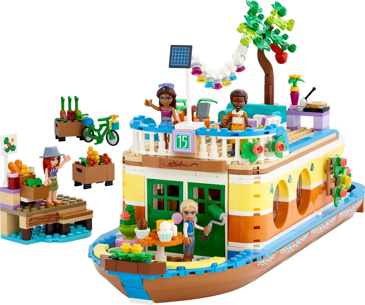 LEGO 41702 Friends La Peniche, Giocattolo Barca per Bambini dai 7 Anni con Giardino, 4 Mini Bambole, Figure Animali, Set Natura
