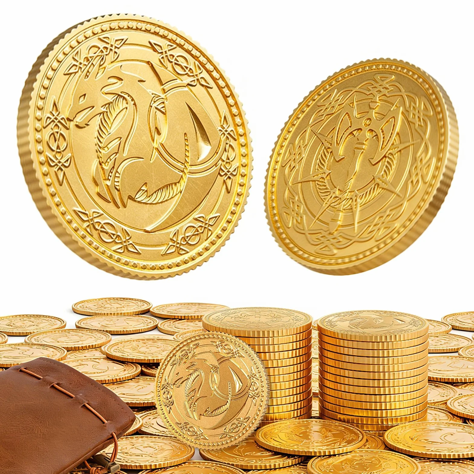 Byhoo Monete d'oro per collezionisti, monete in metallo Dragon Yue DND con sacchetto in pelle, grande set di tesori per dungeon e draghi, accessori per giochi di ruolo in rilievo a doppia faccia con