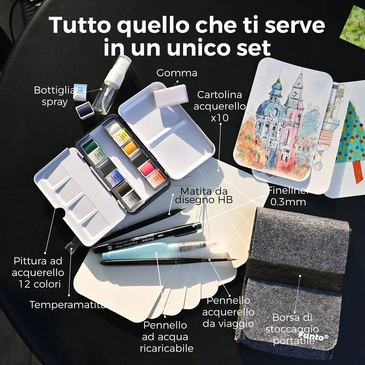 Funto Set da Viaggio Acquerello Premium - 12 Colori, 10 Cartoline, Pennello da Viaggio, Penna Pennello ad Acqua, Fineliner - Set di Pittura per Adulti