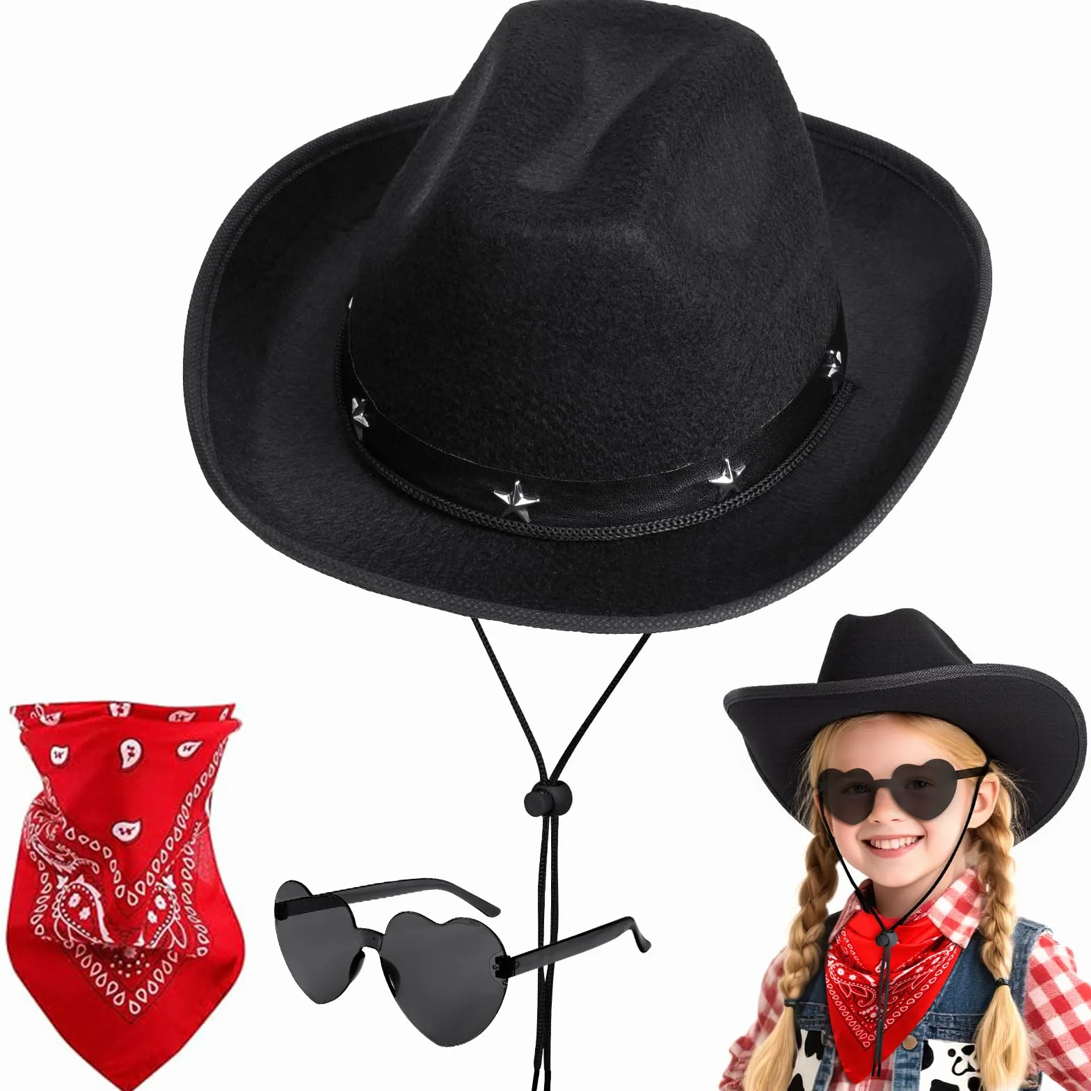 AUYAO Cappello da Cowboy per Bambini, Accessori per Costumi da Cowboy Cappelli, 3PZ Occidentale Cappello per Bambini, con Bandana Occhiali, Western Cappello da Cowgirl per Halloween Feste Carnevale