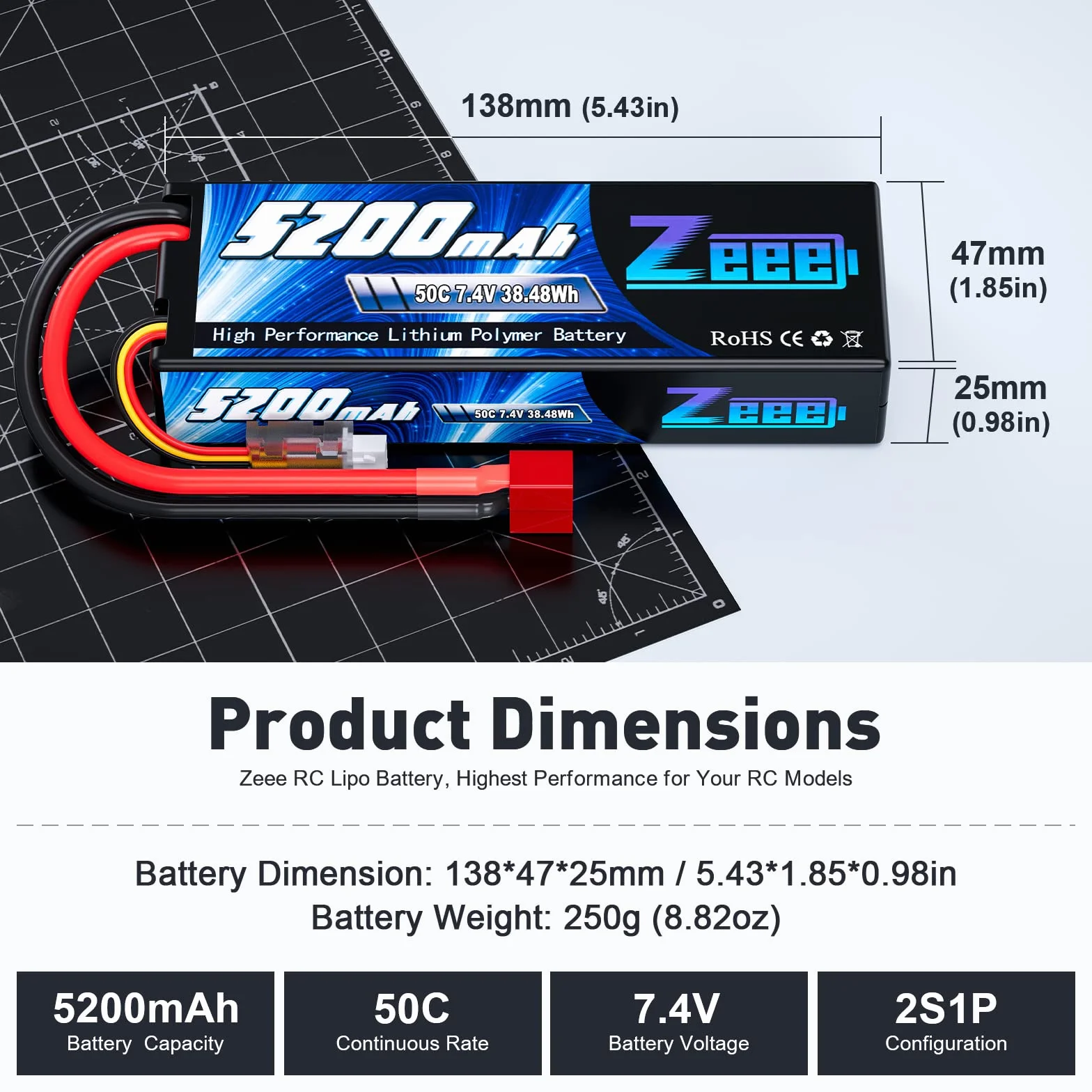 Zeee 2S Lipo Batteria 7.4V 50C 5200mAh Batteria RC con Deans T Plug per RC Evader BX Auto Car Truck Truggy RC Hobby