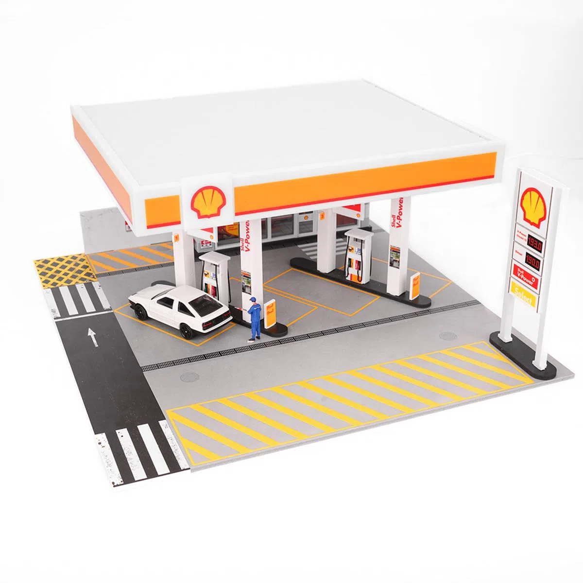 1:64 Shell Petrol Station Model Scene, edificio in miniatura con illuminazione e accessori, set di diorama realistico per auto e collezionisti di display