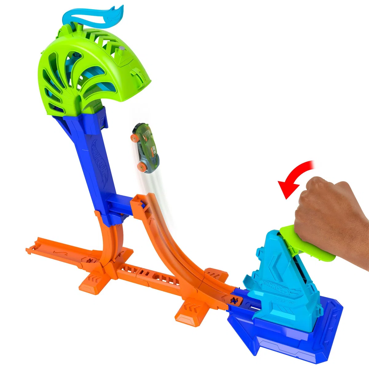Hot Wheels Stunt Tracks - Campione del Power Launch, pista con sistema Speed Snap e veicolo incluso, salto di 45cm e Gabbia di Atterraggio per acrobazie mozzafiato, 4+ anni, JHK75