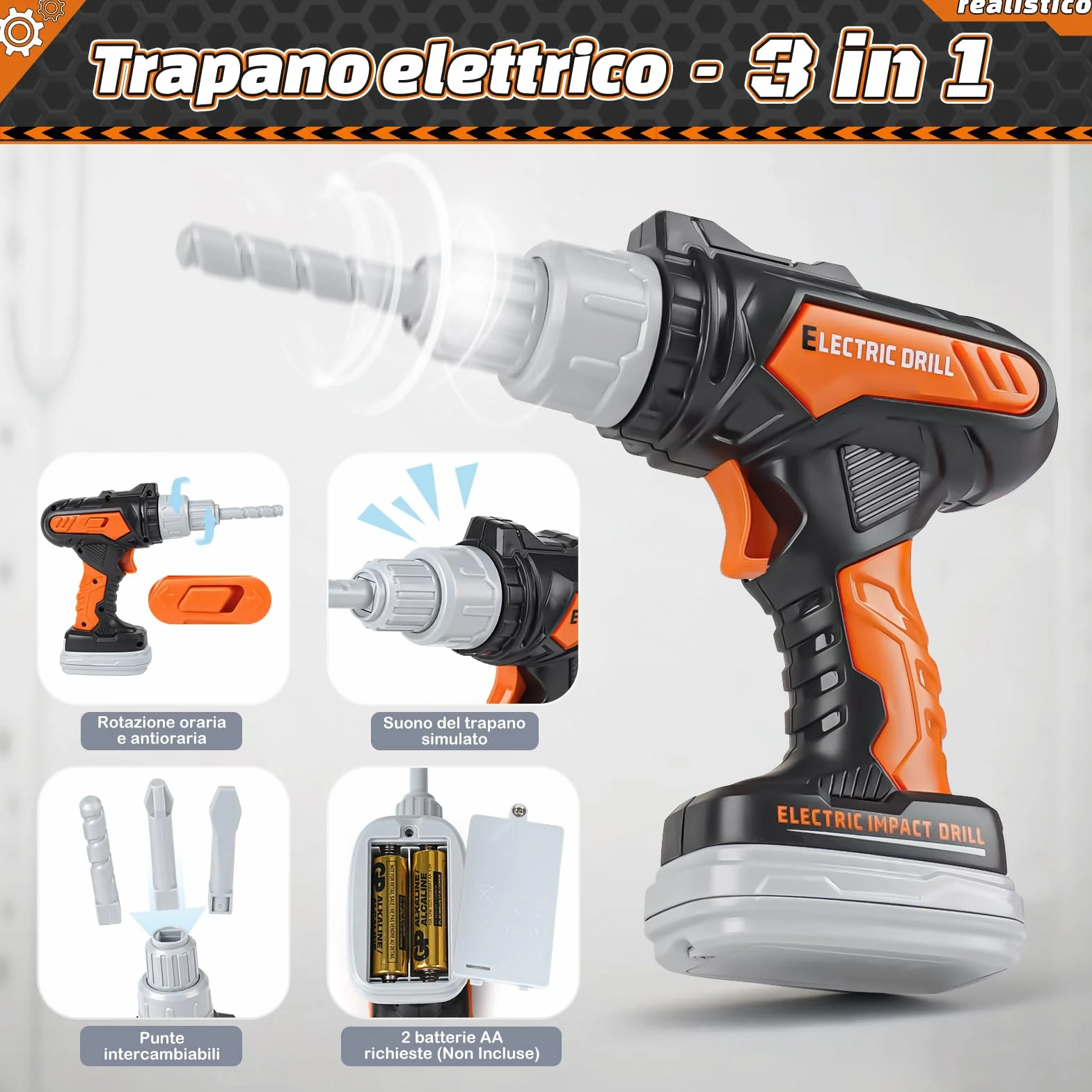 Vanplay Attrezzi Giocattolo per Bambini Modello di Lusso, Regalo Giocattolo per Bambini Piccoli dai 3, 4, 5 anni con Trapano Elettrico, Motosega, Smerigliatrice Angolare, Sega Circolare, Borsa Portaog