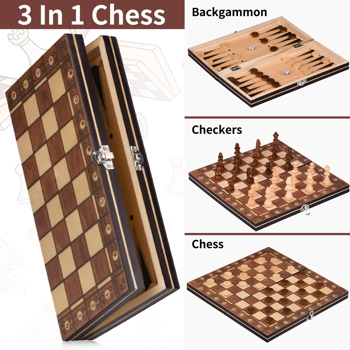 Scacchiera in Legno,3 in 1 Scacchiera Pieghevole,Magnetici Scacchi, Backgammon, Dama per Bambini e Adulti Feste Attività di Famiglia(29 * 29cm)