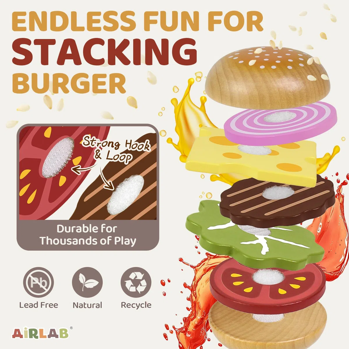 Airlab Fast Food Giocattolo, Accessori Cucina Giocattolo Legno per Bambini Bambina, Set Cibo Veloce Finto Giocattolo per Cucina Bambini, Regalo Bambino Compleanno Pasqua Halloween Natale 3 4 5+ Anni