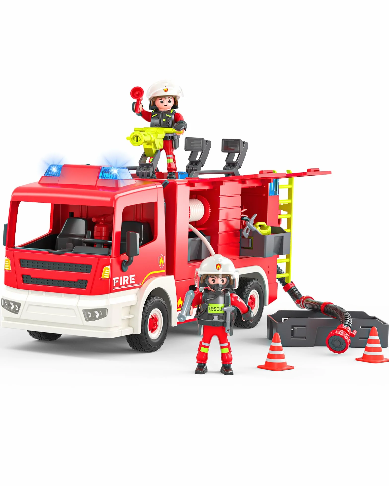 Coroiesty Camion Pompieri Giocattolo dai 4 Anni in Su, Grande Camion dei Pompieri con Modulo Light & Sound con 2 Pompieri e Attrezzi, Luci e Sirena, Veicolo di Soccorso per Bambini e Bambine