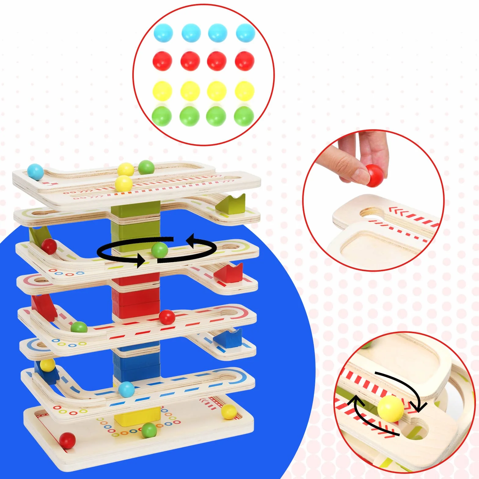 Pista Biglie Giochi in Legno per Bambini, Pista da corsa Set con 16 palline, Rampa Gioco vorticoso Giocattoli, Giochi Educativi Montessori dai 1 2 3 Anni in Su