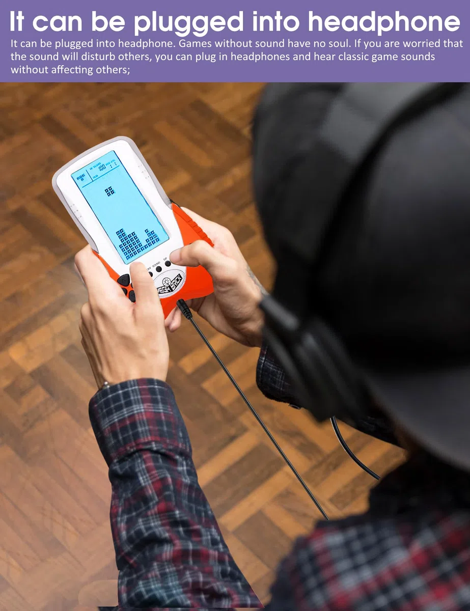 HLF Nuova console di gioco in mattoni con grande schermo La luminosità della retroilluminazione blu può essere regolata in 23 giochi compatibile con batteria al litio e batterie AAA (Arancia)