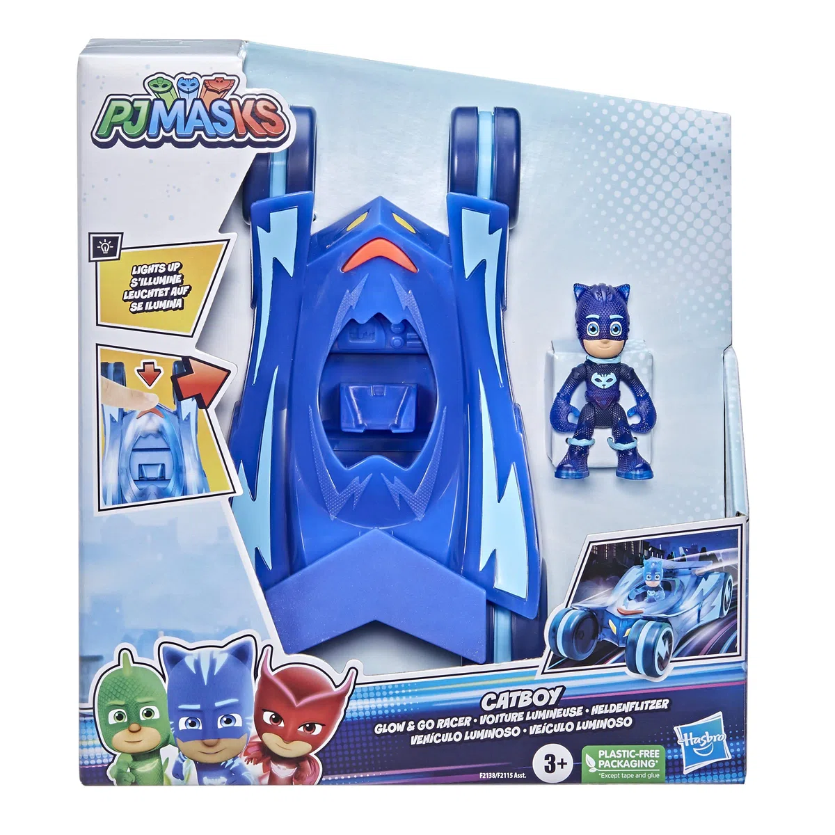 PJ Masks Glow & Go, Gattomobile, Veicolo Giocattolo per età prescolare, Auto di Gattoboy Che Si Illumina con Action Figure di Gattoboy, per Bambini dai 3 Anni in su