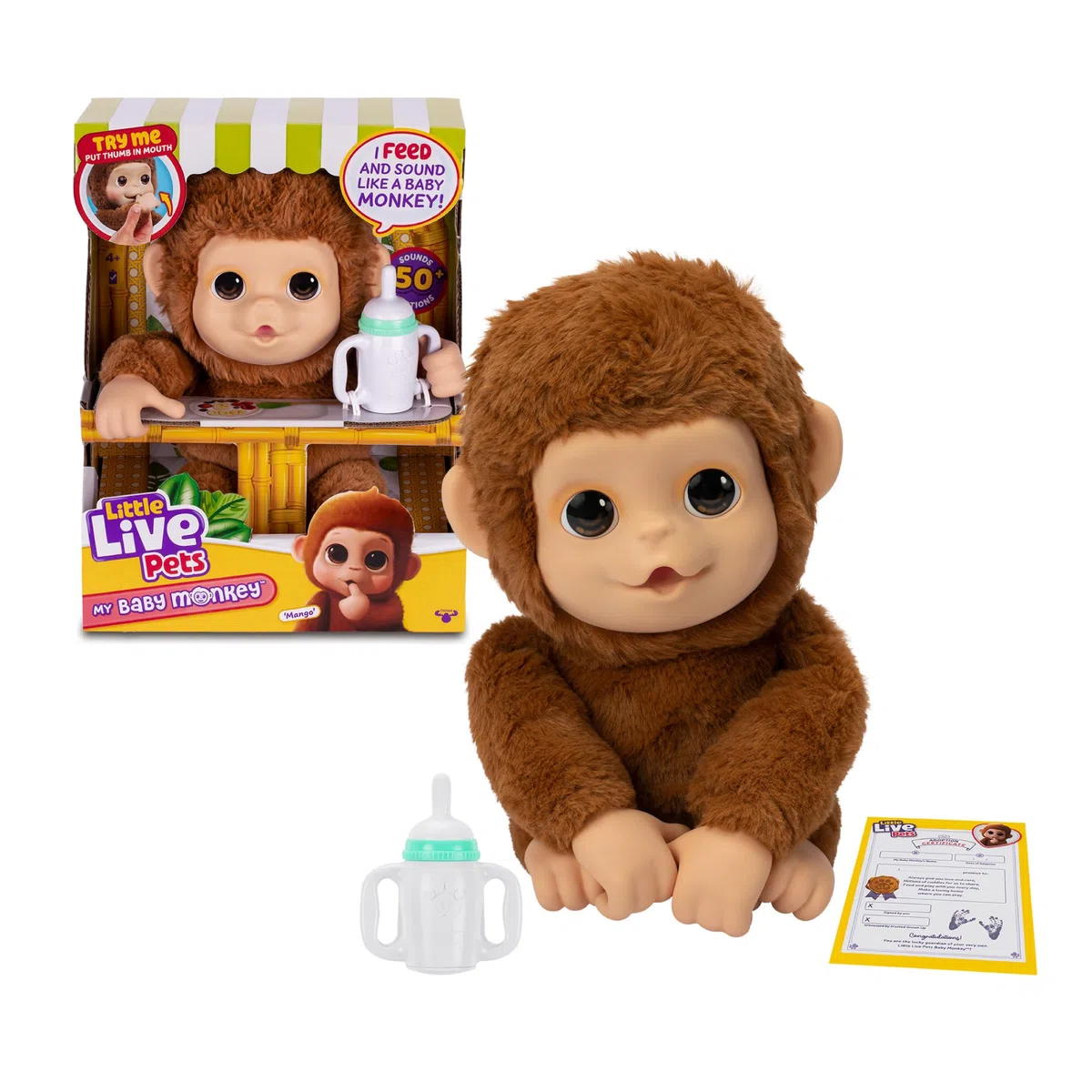 Little Live Pets - Mango, la Scimmietta Interattiva, 50 Suoni Interattivi e Movimento della Bocca, Ama il Solletico e Emette Suoni Gioiosi quando gli tocchi il Pancino! Ricco di accessori LP500000