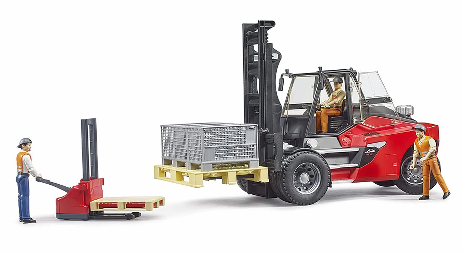 bruder 02513 - Carrello elevatore Linde HT160S con piastra e 3 gabbie per pallet