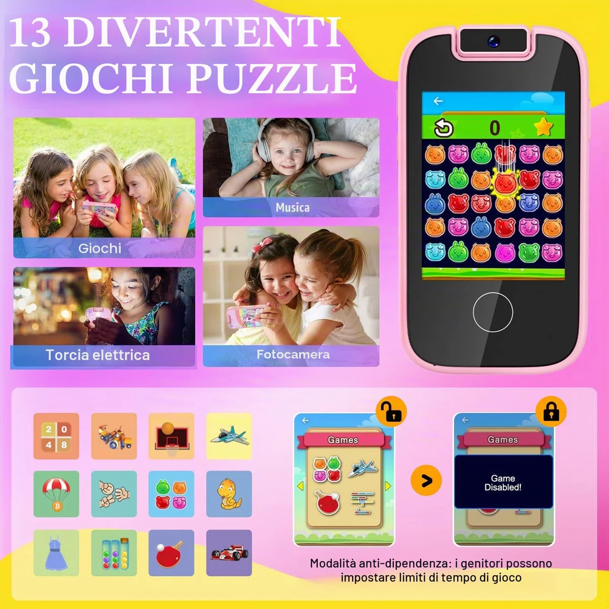 Dhapy Smartphone per Bambini, Telefono Touch Screen per Bambini, Lettore Musicale MP3, Giocattolo Educativo con Scheda SD 8G, Rosa