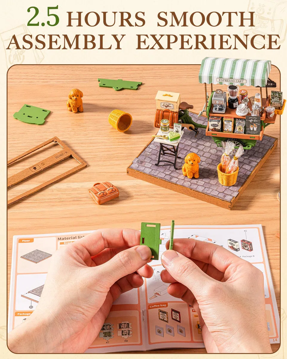 Rolife Casa delle Bambole Carrello del Caffè Aromatico Kit de Modello in Legno Casa in Miniatura Book Nook Decorazione per la Casa Regalo Creativo per Adulti