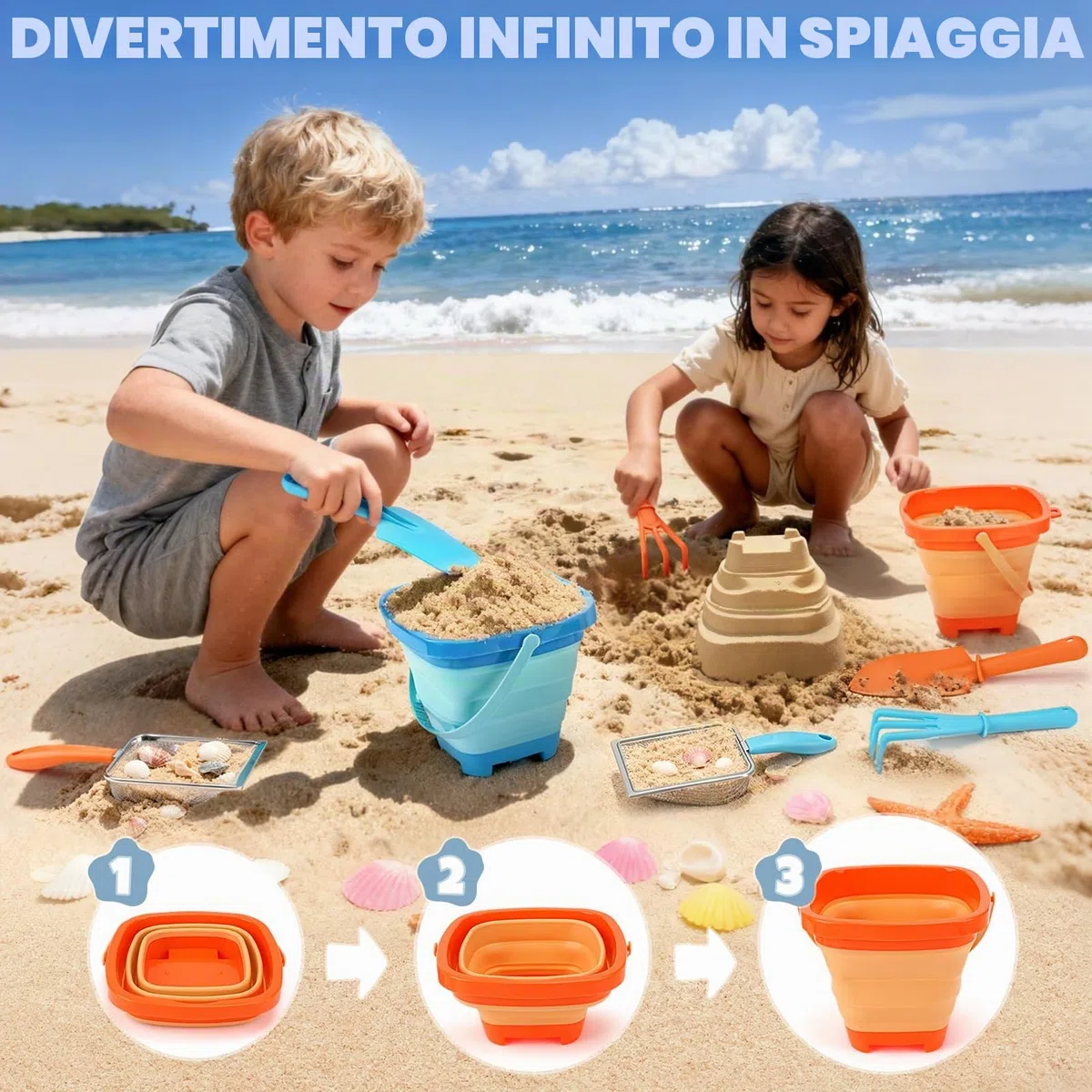 Dreamon Giochi Spiaggia Bambini Set 3 4 5 Anni con Secchiello Spiaggia Bambini Pieghevole Sacco a Rete Setaccio per La Sabbia Pala e Rastrello Giocattoli Regalo Esterno per Bambini e Bambine