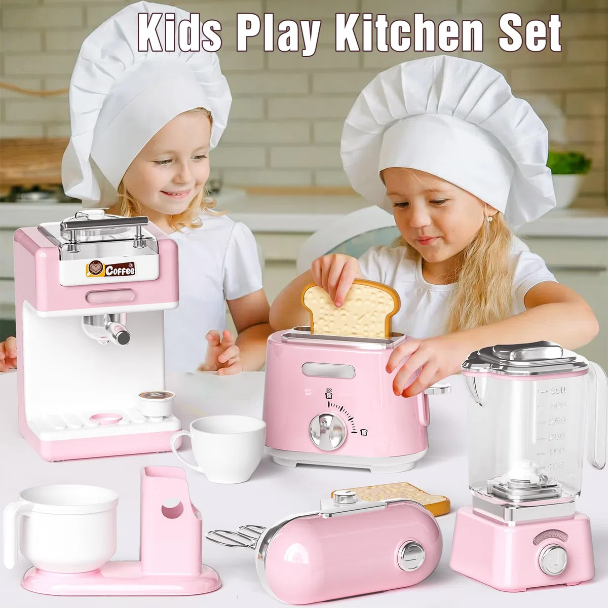 Toyssa Elettrodomestici Cucina Giocattolo per Bambini, Macchina Caffè Frullatore Sbattitore Tostapane, Accessori Cucina Bambini con Luce Sonora, Cucine Giochi Regalo Bambina Bambini 3 4 5 6 7 8 Anni