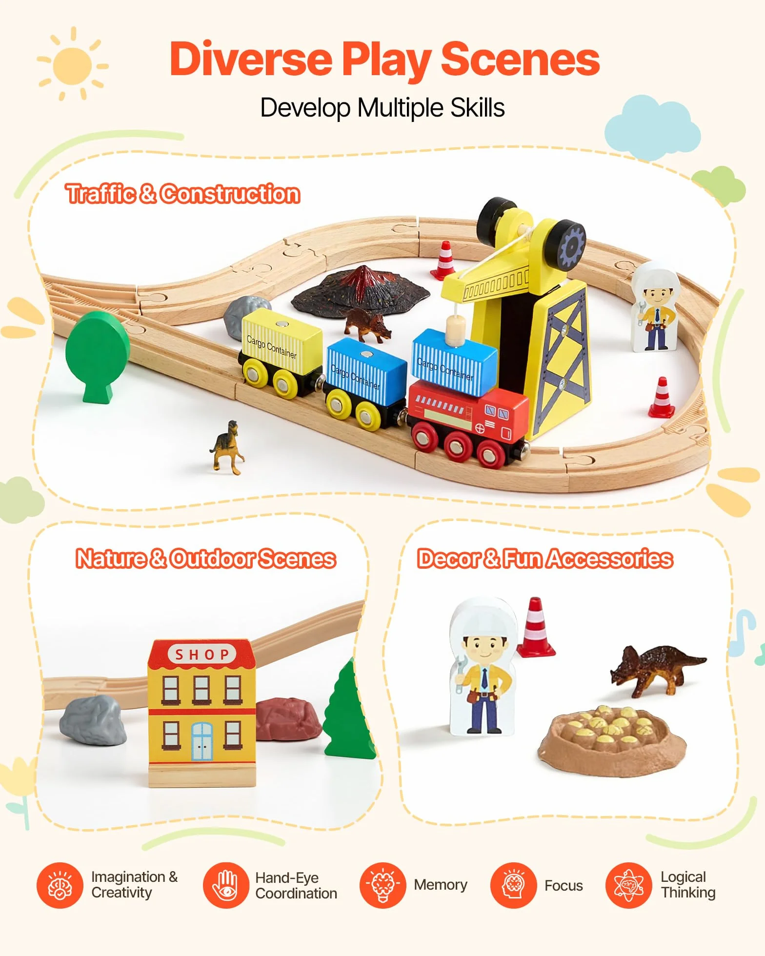 VEVOR Giocattoli Trenino per Bambini 70 Pezzi, con Gru Magnetica, Giocattolo per Treni in Legno per Bambini dai 3 agli 8 Anni, Set di Gru da Costruzione, Compatibile con le Principali Marche