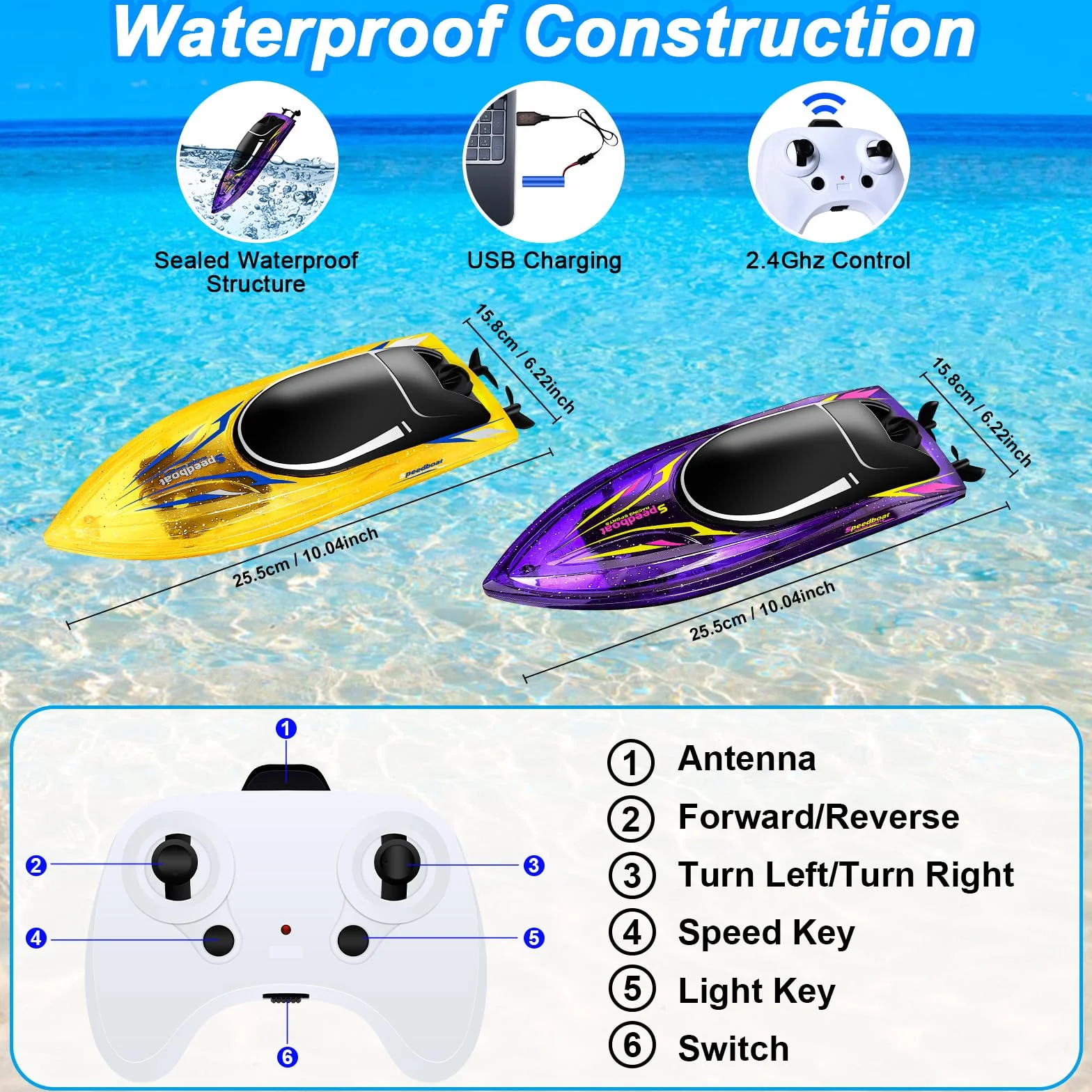 JONRRYIN Barca Telecomandata 2 Pezzi, RC Barca da Corsa con Luce LED, Race Barca Telecomandata Impermeabile per Adulti e Bambini, Barca RC 2,4 GHz per Piscine e Laghi
