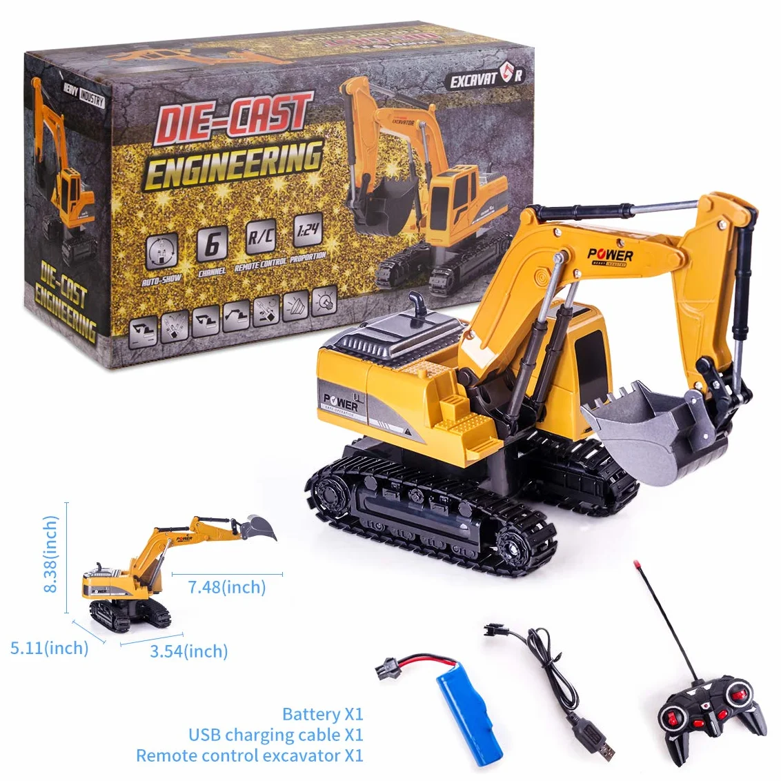 Highttoy Escavatore Radiocomandato per Bambini,Escavatore Ruspa Trattore Camion Giocattolo Bambino 3 4 5 6 7 8 Anni Regalo, Ruspa Telecomandato 6 Canali Scala 1:24 con LED e Suono